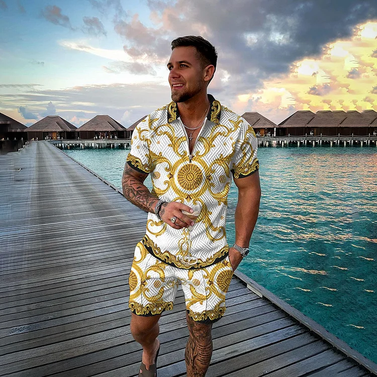Broswear Platinum Baroque Print Polo Shirt And Shorts Co-Ord