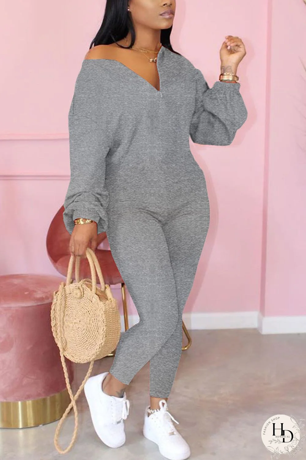 Grey Fashion Casual Solid zipper Long Sleeve O Neck Jumpsuits