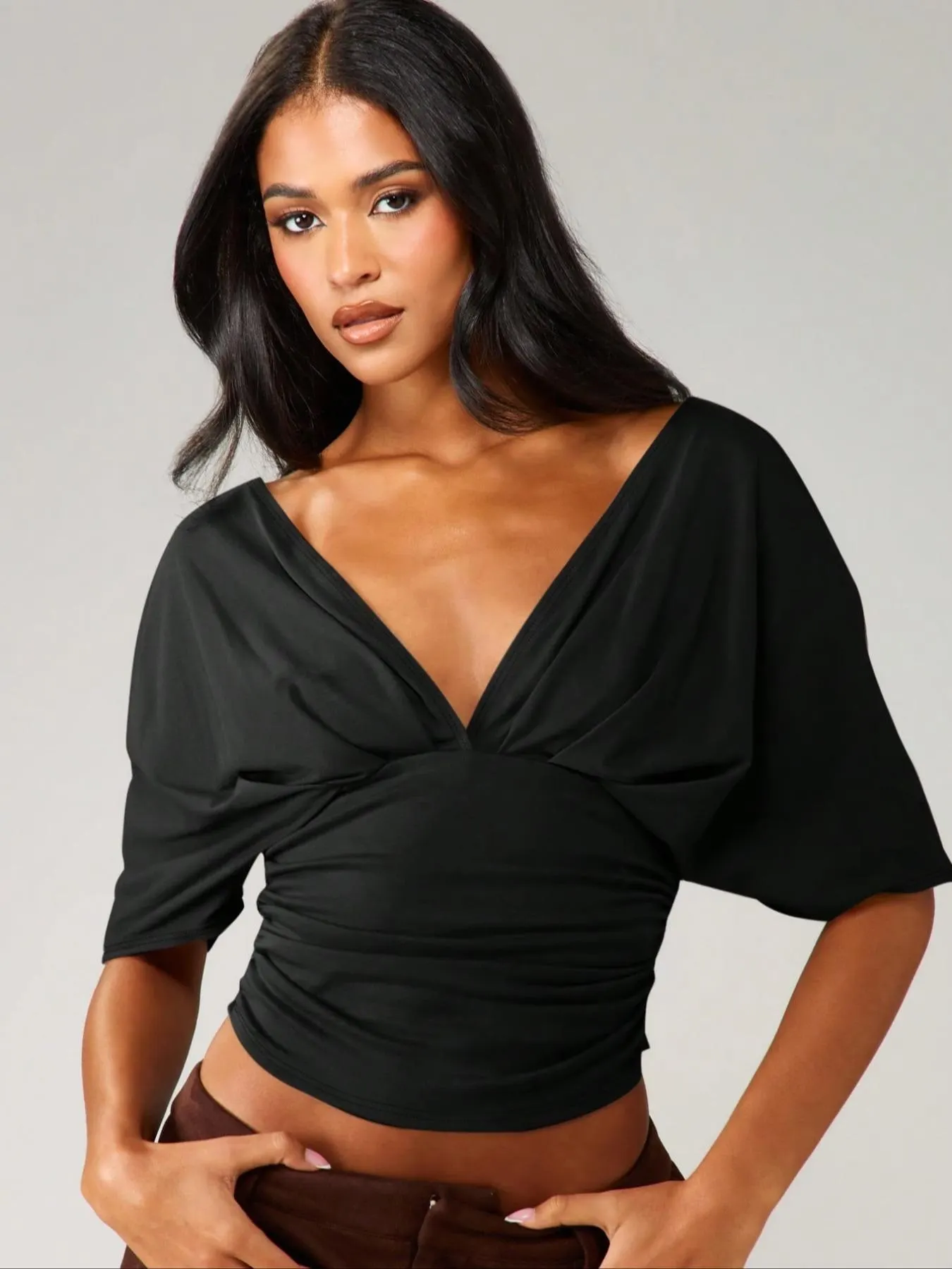Women's Fashion Comfortable Casual Waist Cinched Slimming Fit V-Neck Backless Simple Bodycon Top, Stylish and Versatile Womenswear