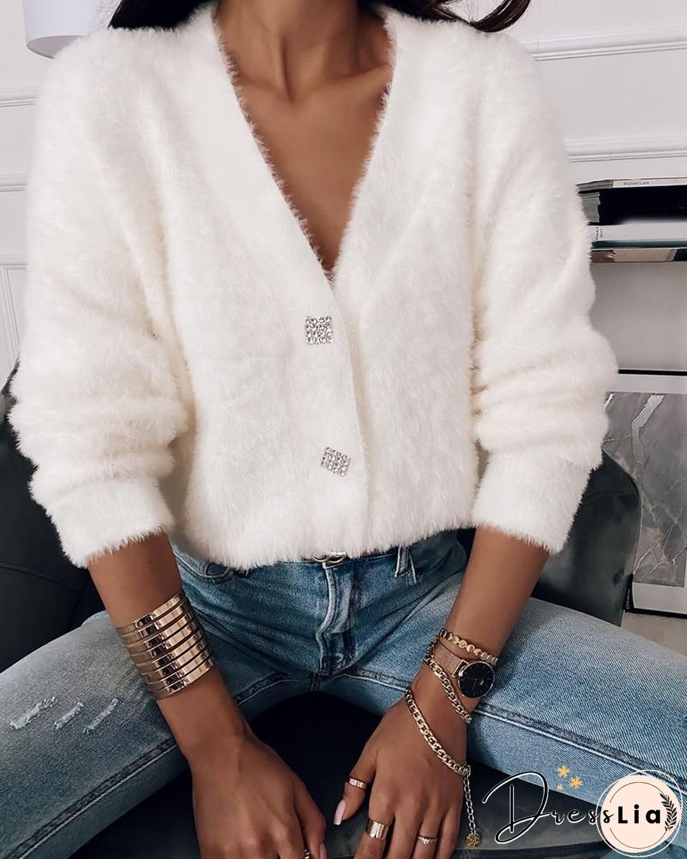 Button Decor Fluffy Cardigan P10391