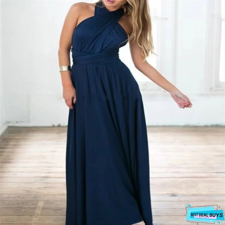 Cross-Border European and American Solid Color Various Wearing Methods Sexy Lace-up Red Dress Long Dress Bridesmaid Dress