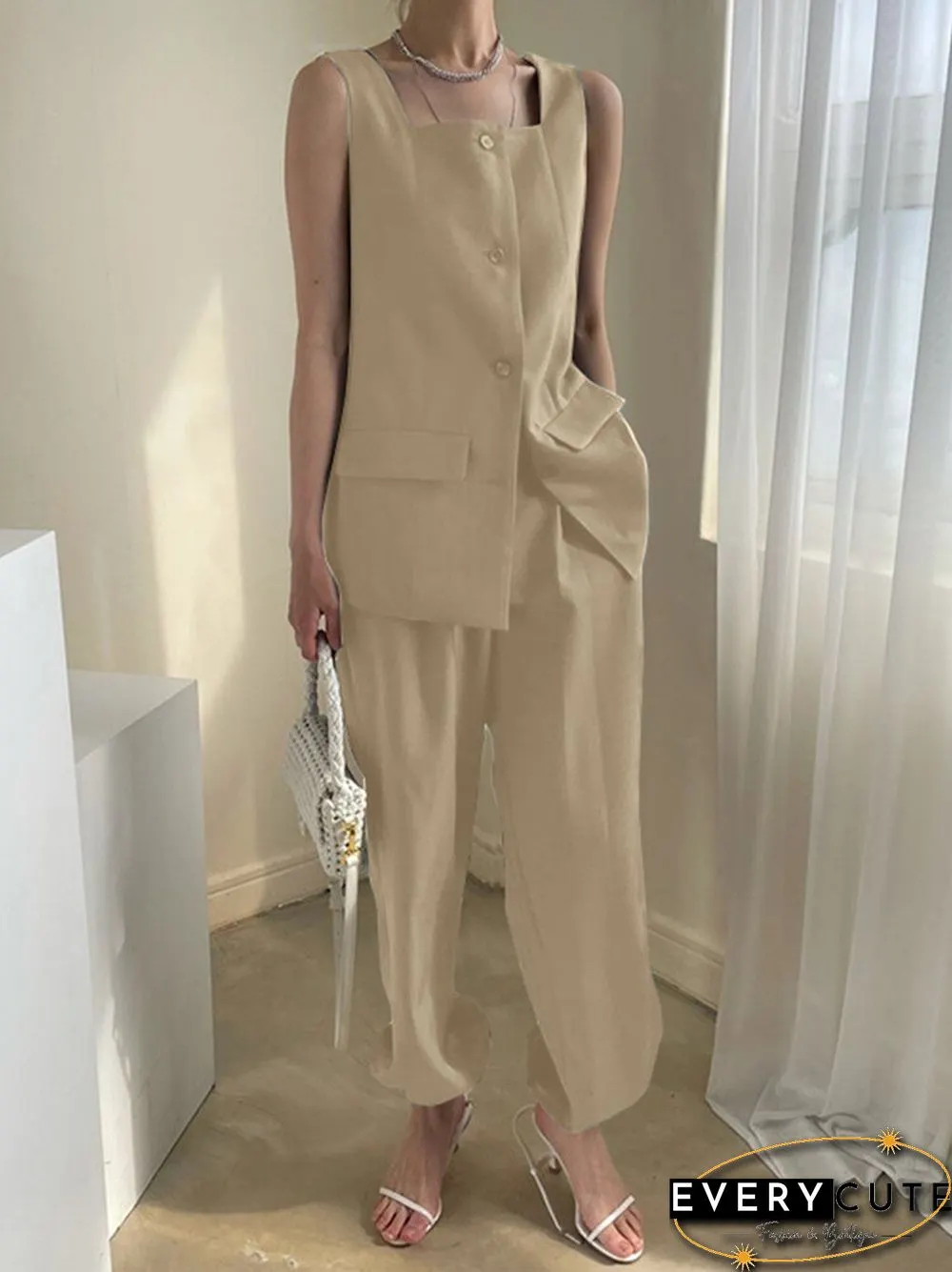 Pocket Details Square Collar Buttons Up Sleeveless Suit