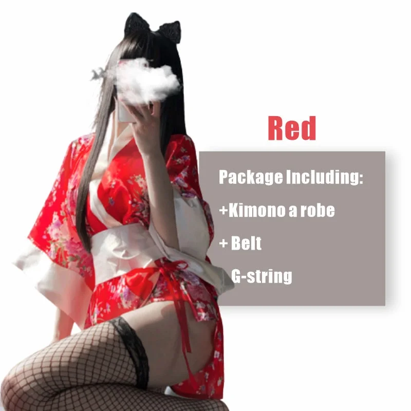 Japanese Kimono Sexy Cosplay Outfit Women Traditional Bathrobe Yukata Costumes Pajamas Soft Silk Belt Lingerie Set Black Red New