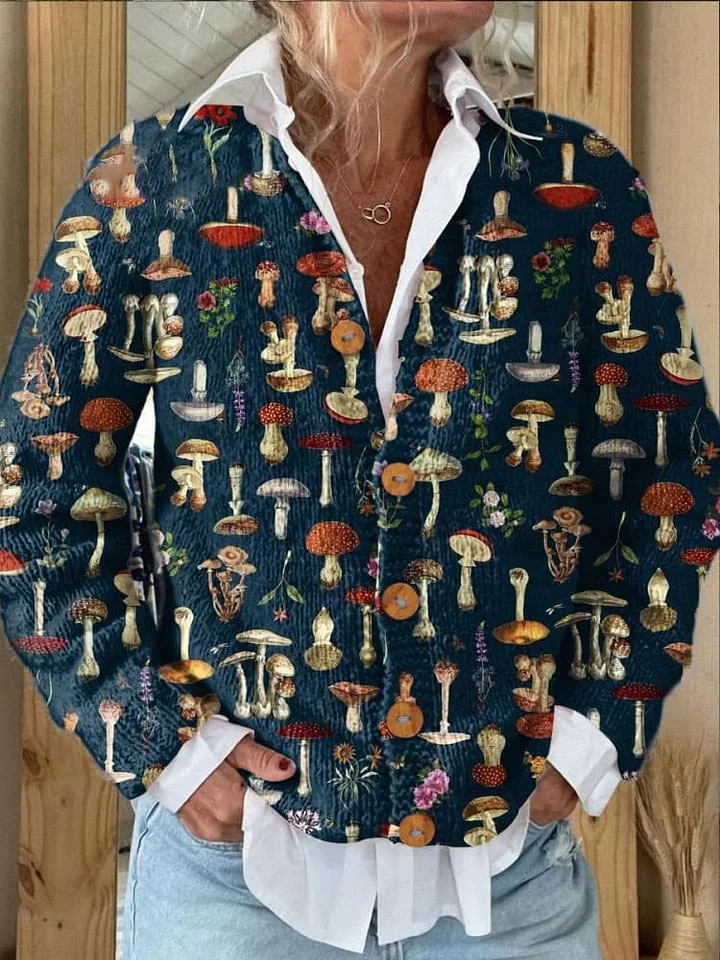 Retro Mushrooms Art Print Buttoned Cardigan Sweater