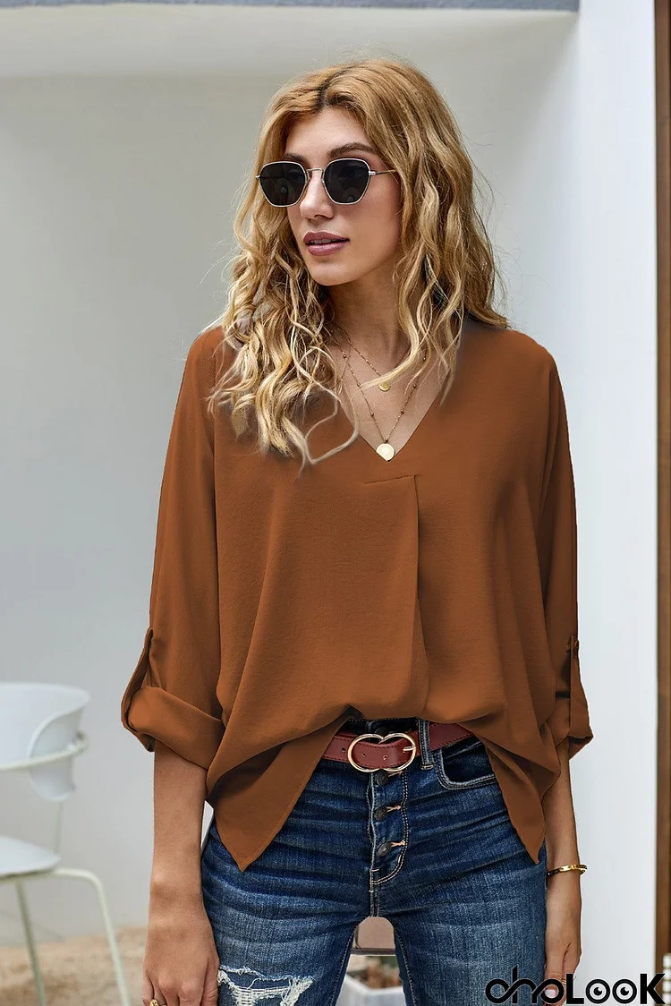 Elegant Brown V Neck 3/4 Sleeve High Low Hem Shirt