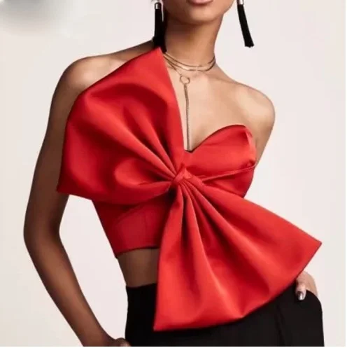 Sampic 2022 New Elegant Fashion Summer Sexy Off Shoulder Party Shirt Tops Y2K Night Club Red Backless Vintage Bow Blouse Shirt 712-1