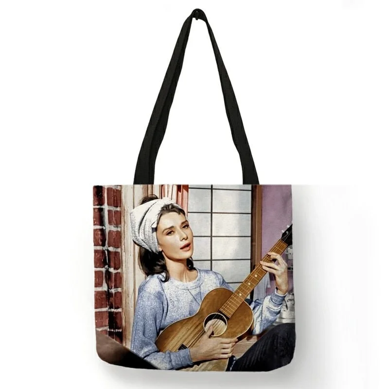 Retro Classic Celebrity Posters Hepburn Printed Tote Handbag Fashion 2020 Women Lady Shoulder Bag for Shopping Traveling B13089