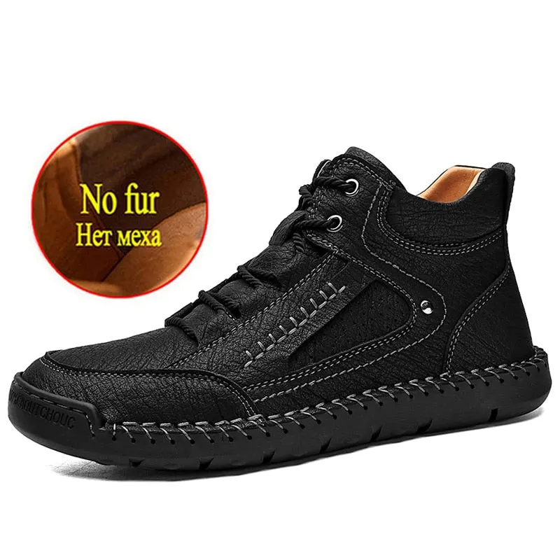 Winter Men's Boots Soft Leather Men's Snow Boots Plush Warm Men's Ankle Boots Handmade Leather Men's Motorcycle Boots Work Shoes