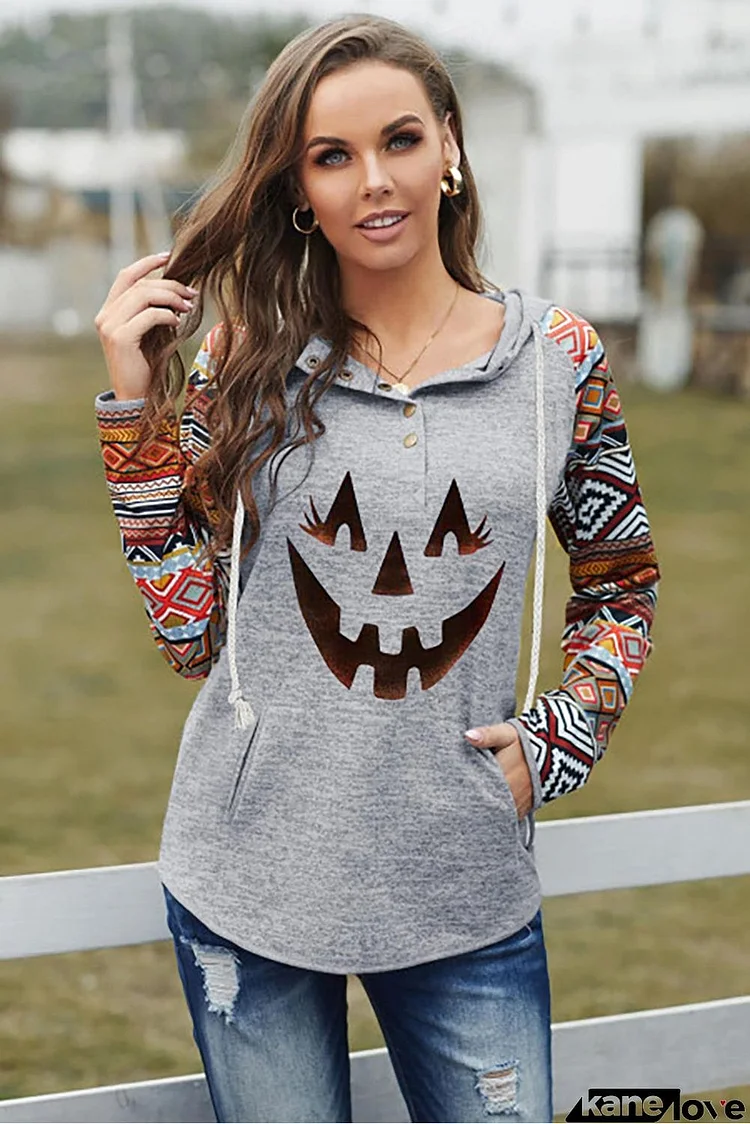 Ladies Tribal Raglan Sleeve Halloween Pumpkin Face Hoodie