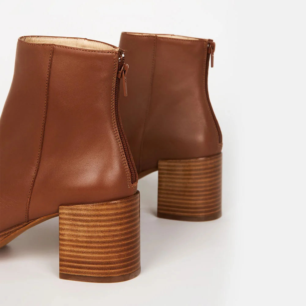 Brown Vegan Leather Round Toe Zipper Platform Heeled Ankle Boots