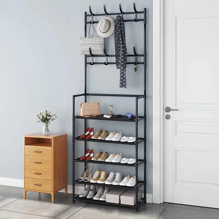 3-in-1 Entryway Coat Rack with Shoe Rack, 31*10*65 inches Coat Clothes Rack Shoe Storage Bench, Multipurpose Hat and Shoe Storage Rack with 5-Tier 8 Hooks, Suitable for Hat, Clothes, Shoes, Key