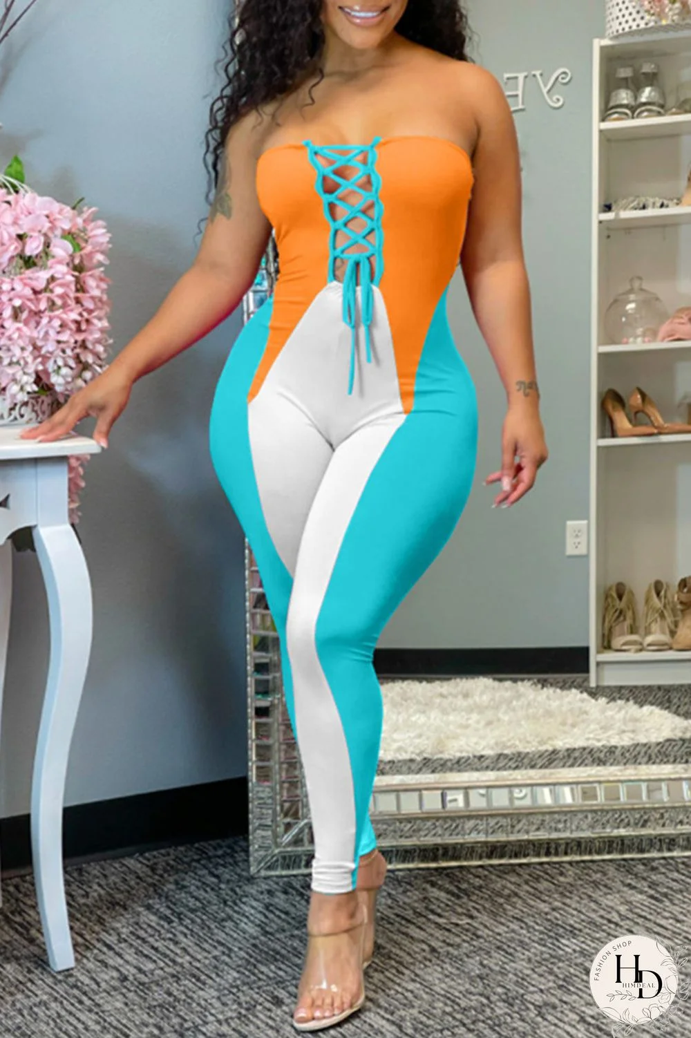 Orange Fashion Sexy Patchwork Backless Strapless Skinny Jumpsuits