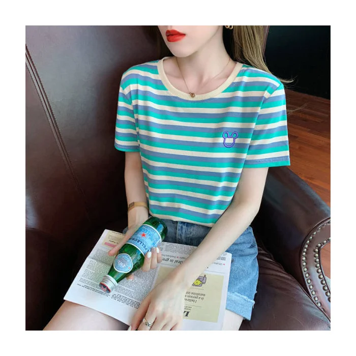 Uveng Uveng Summer New Round Collar Short-Sleeved Women's T-Shirt Embroidery Fashion Korean Version Loose And Versatile Age Reduction Stripes On Clothes Ins
