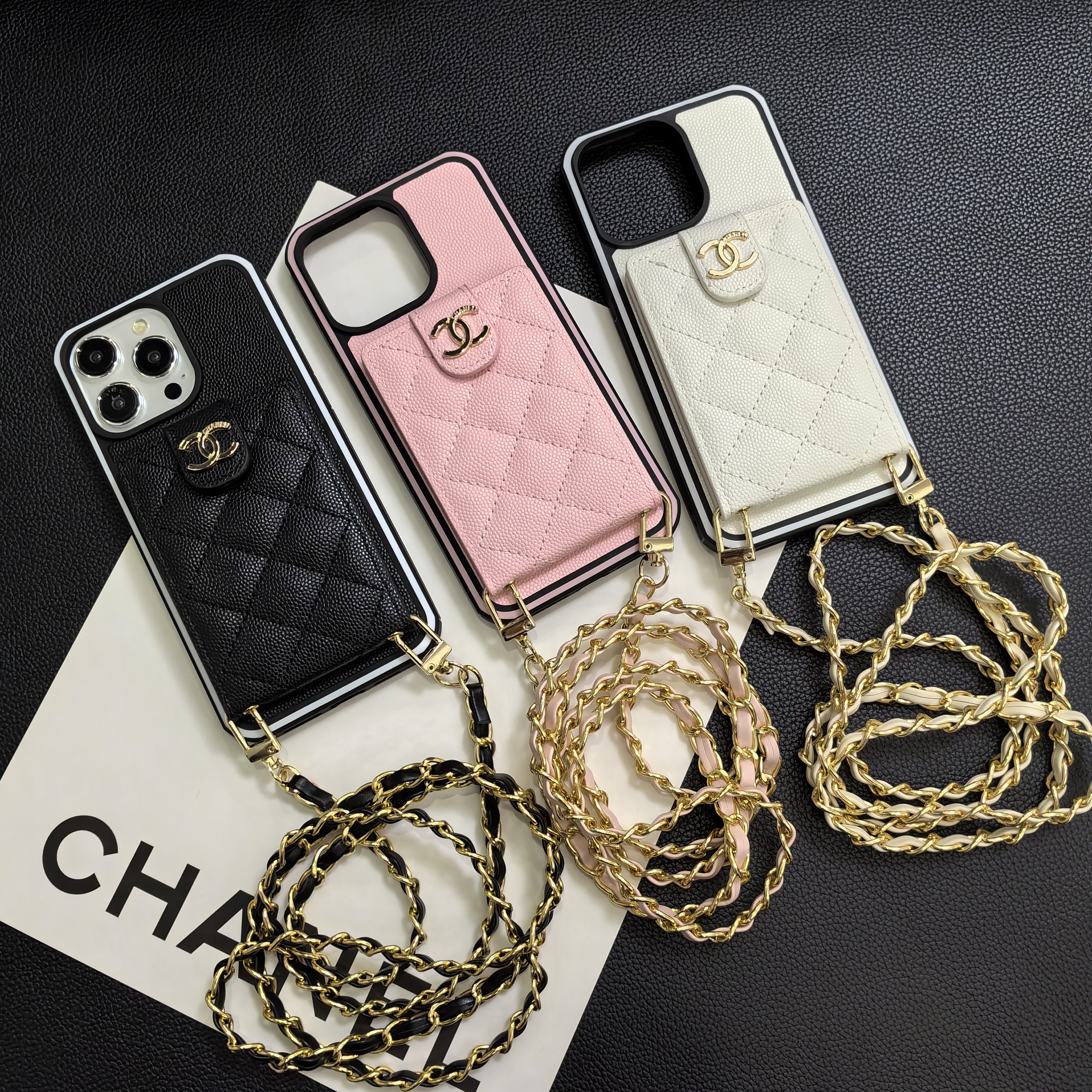 Luxurious Lambskin Chanel Button Card Holder iPhone Case Crossbody