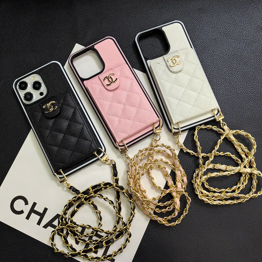 Luxurious Lambskin Chanel Button Card Holder iPhone Case Crossbody
