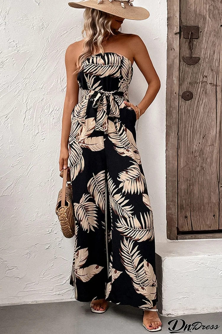 Printed Strapless Wide Leg Jumpsuit with Pockets