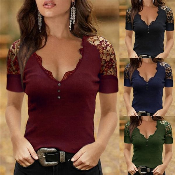 Sexy Women Summer Solid Color T-Shirts Mesh Patchwork Butoon Decor V-Neck Short Sleeve Slim Top - BlackFridayBuys