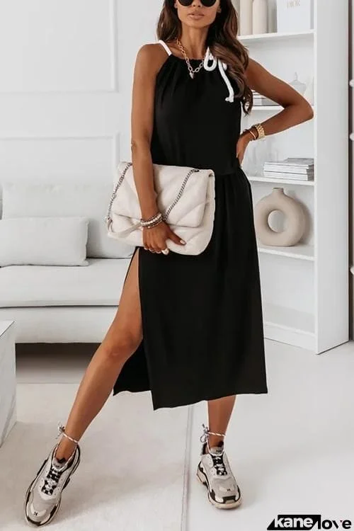 Halter Neck Slit Sleeveless Dress
