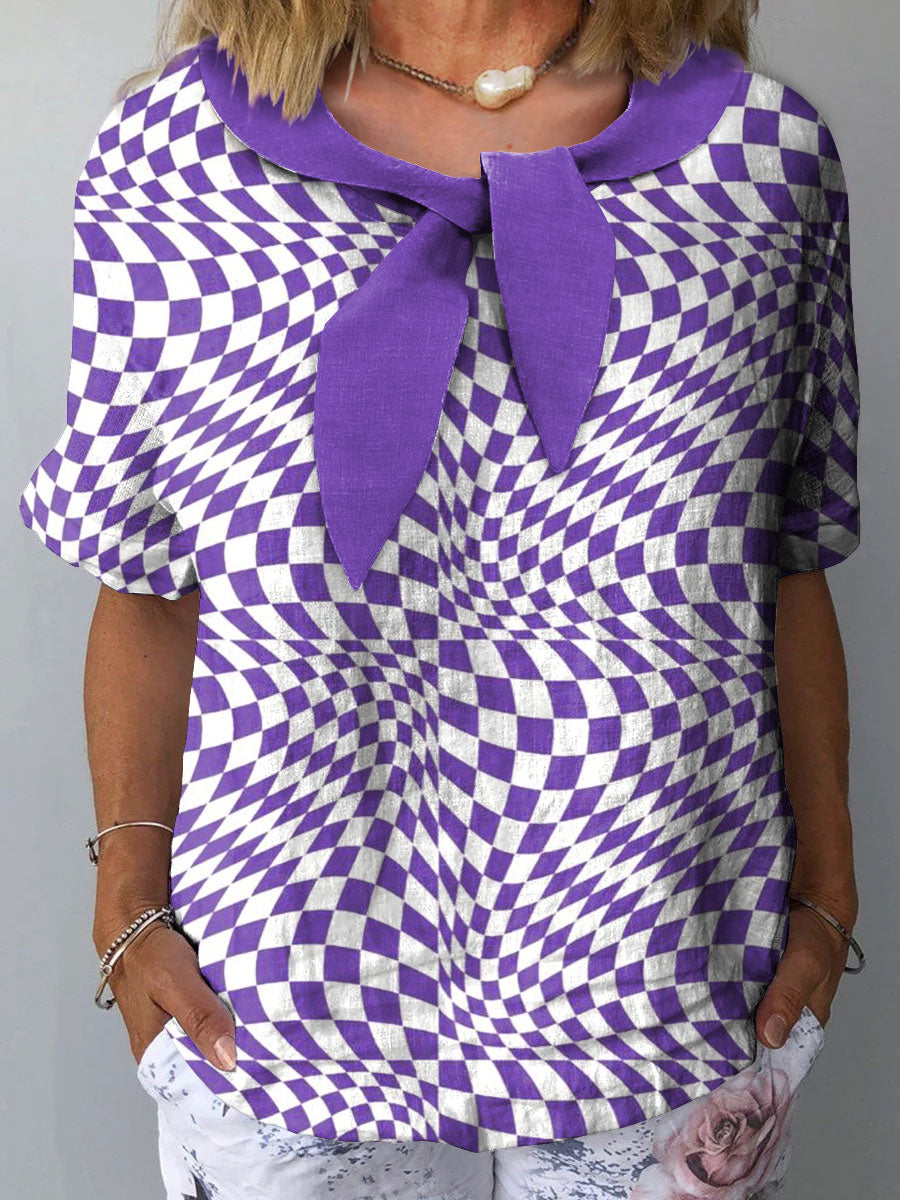 Women's Bright Abstract Color Block Art Print Casual Cotton And Linen Shirt