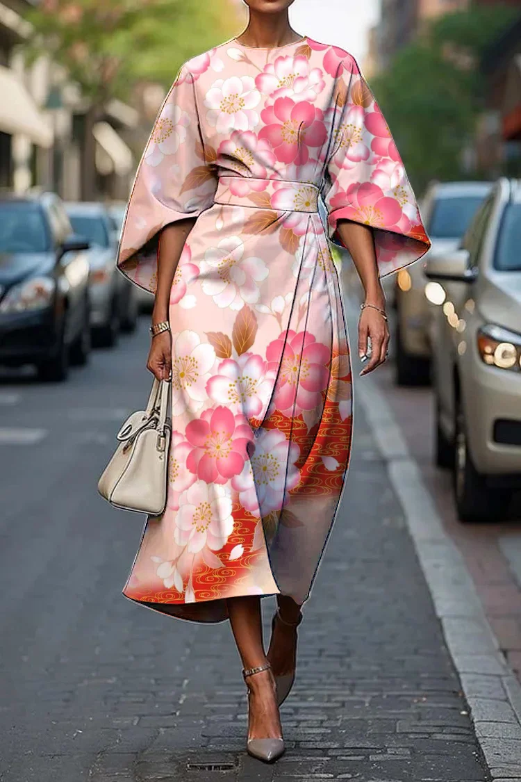 Women's Elegant Japanese Art Print Midi Dress