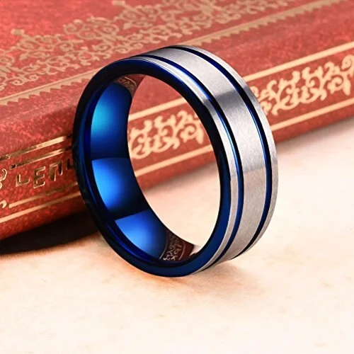 4MM 6MM 8MM Women's Or Men's Tungsten Carbide Wedding Matching Rings Duo Tone Silver and Blue High Polished Silver Tone Beveled Edge Double Groove