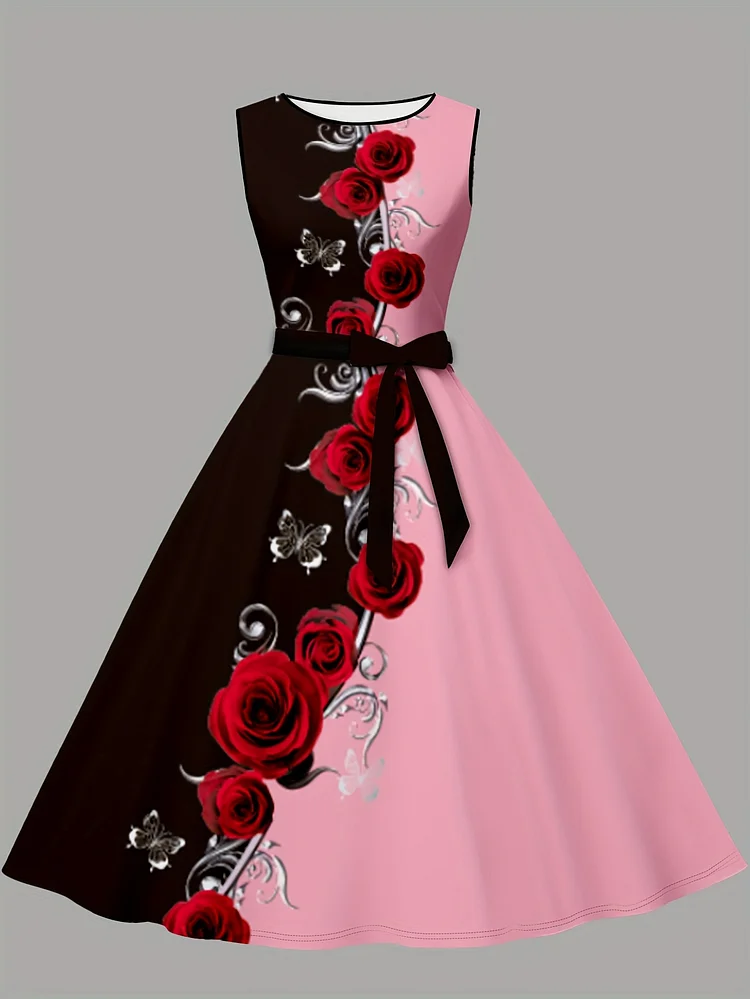 A Stylish Sleeveless Dress With A Round Neck, Featuring A Black And White Color Scheme And A Red Rose Print, Designed For An Elegant Look With A Waist Belt