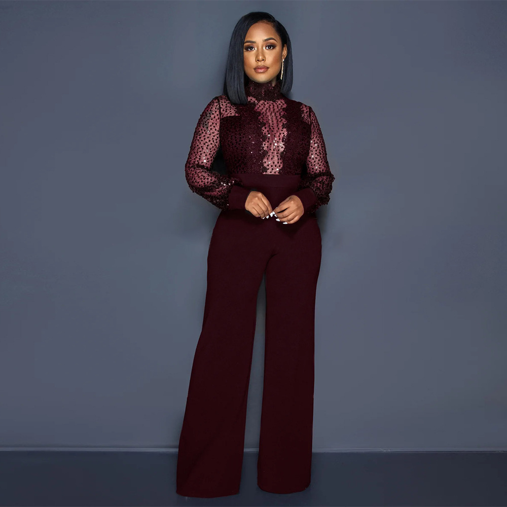Party Turtleneck Sequin Lace Sheer Long Sleeve Top Loose Jumpsuit for Women - Ootddress