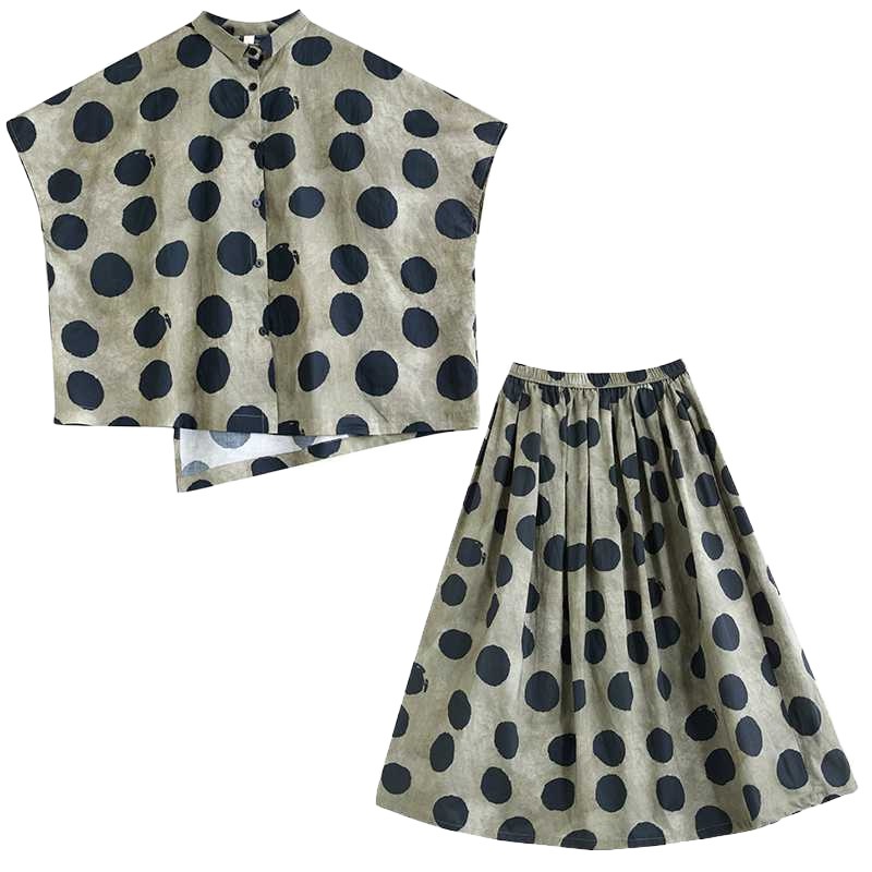 Literary Polka Dot Print Blouse and Pleated Skirt Set