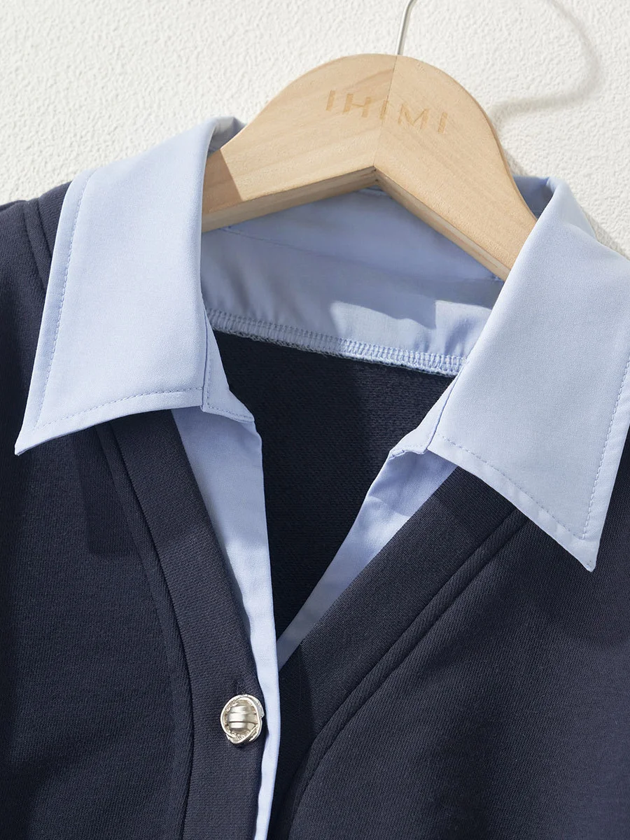 Athvotar Athvotar Two Spliced Polo Collar Shirt Women's Spring Design Sense Of Small Chic Repair Shirt Short Long-Sleeved Top