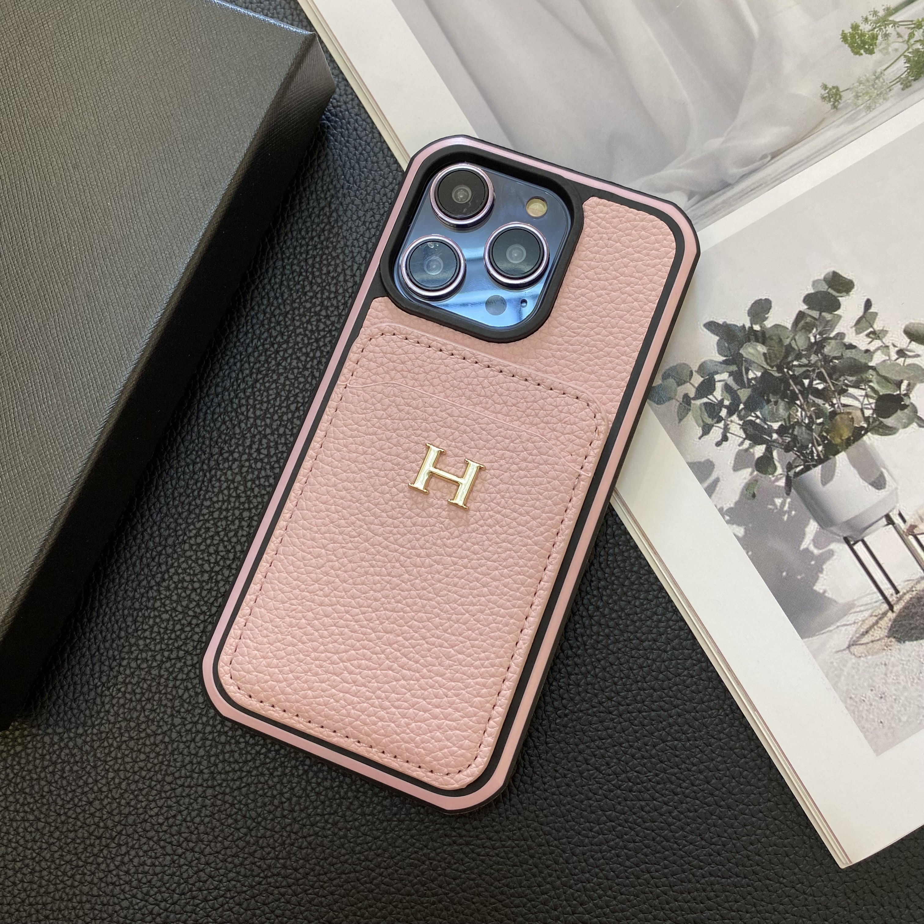 Hermes Genuine Leather Lychee Pattern Back Card Slot Apple iPhone Case