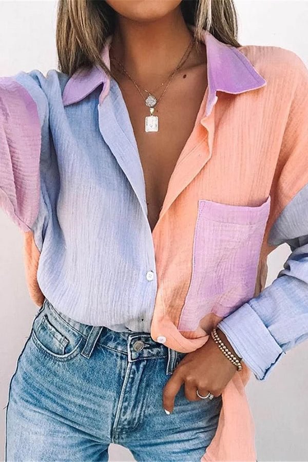 Color Block Textured Button Shirt With Pocket