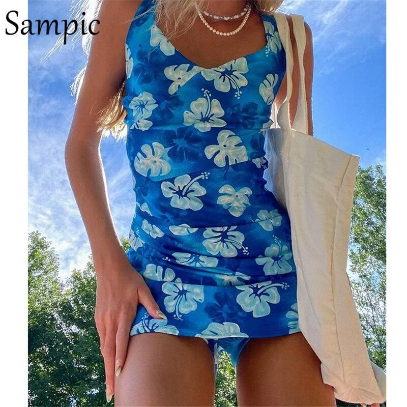 Back to College Fashion 90s Women E Girls Floral Print Summer Strap V Neck Club Dress Y2K Blue Mini Wrap Casual Beach Bodycon Dress 2023