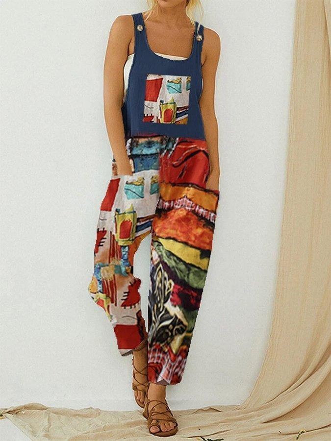 Spaghetti-Strap Shift Holiday Abstract Printed Straps Jumpsuit With Pocket