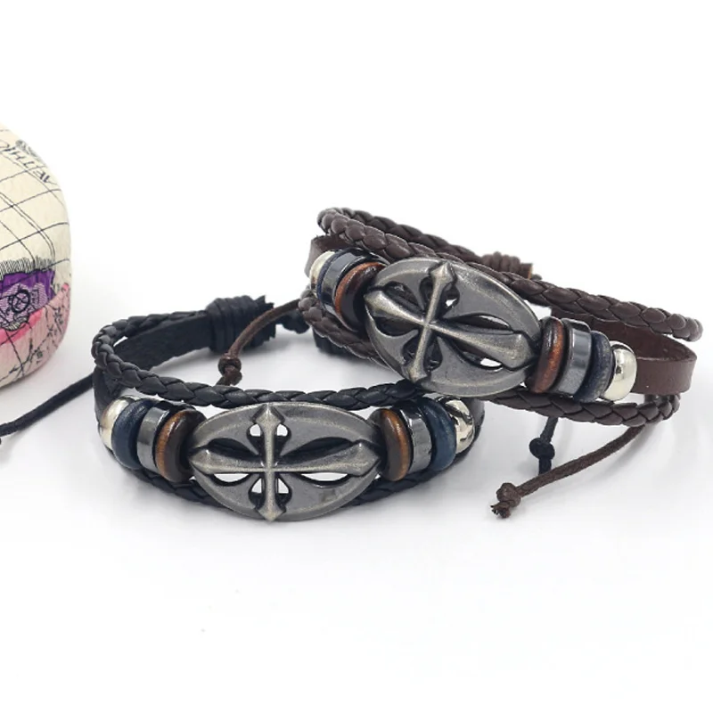 Retro Ethnic Cross Leather Rope Braided Bracelet Men's Bracelet