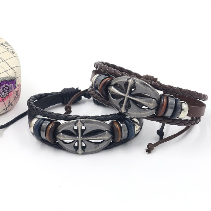 Retro Ethnic Cross Leather Rope Braided Bracelet Men's Bracelet