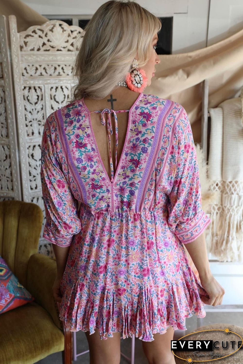 Pink Boho Ruffled V Neck Floral Mini Dress