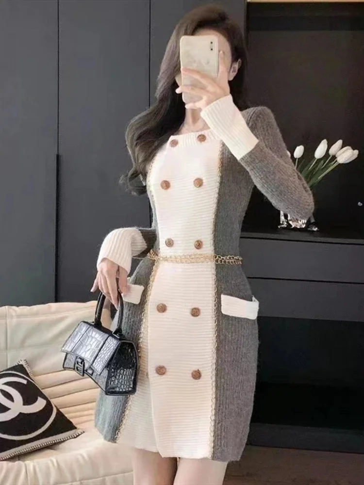 Huiketi Dress For Women 2024 Autumn Winter Korean Fashion Long Sleeve Double-Breasted Casual Knitting Sweater Dresses