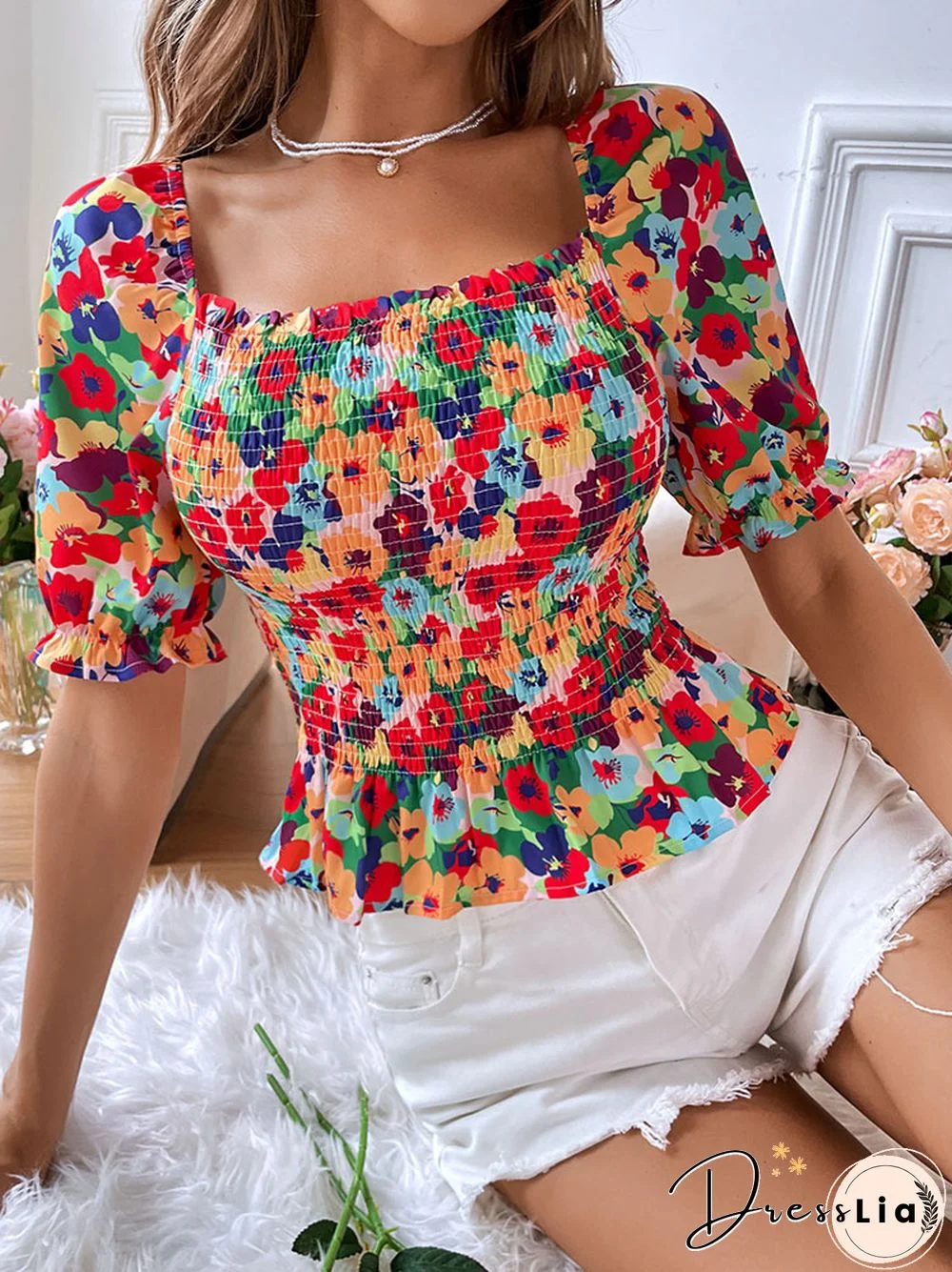 Women's Elegant Bodycon Blouses Top Summer Casual Print Square Neck Gathered Short Sleeve Floral Short Shirts Women Blouses