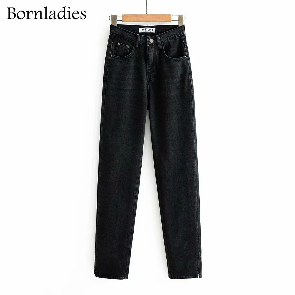 Bornladies  Woman Long Jeans 115 cm High Waist Overlength Jeans Side Split 100% Cotton Cargo Denim Pants Female Trousers
