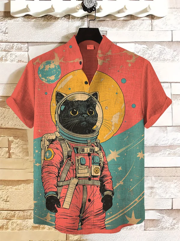 Men's Black Cat Astronaut Color Block Art Print Casual Shirt