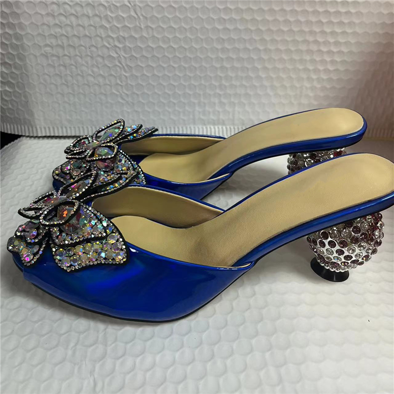 Diamond Butterfly-Flower Modern Sandals Women Laser Patent Leather Jeweled Rhinestone Spherical Heel Slingbacks Mules