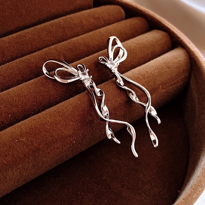 1 Pair Casual Minimalist Streetwear Bow Knot Tassel Copper Zircon Drop Earrings