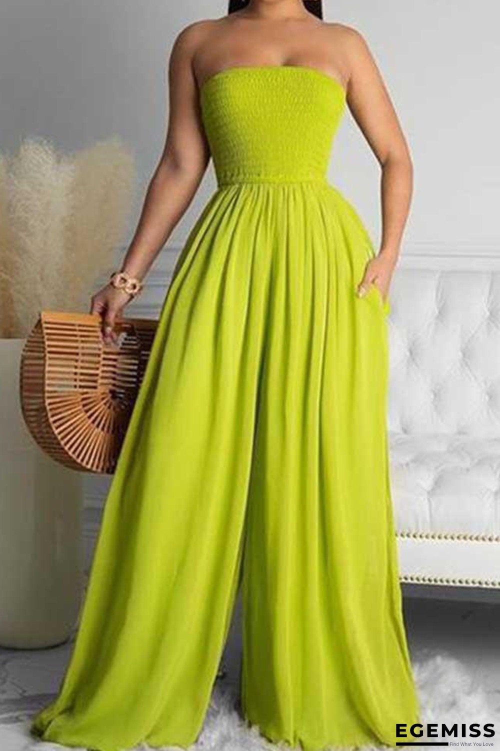 Fluorescent Yellow Sexy Solid Patchwork Off the Shoulder Loose Jumpsuits | EGEMISS