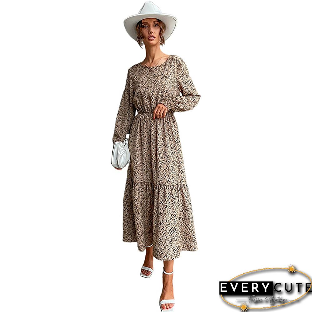 Khaki Leopard Ruffle Detail Long Sleeve Maxi Dress