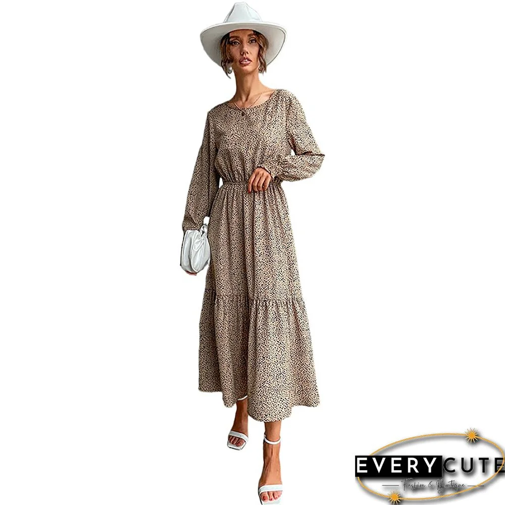 Khaki Leopard Ruffle Detail Long Sleeve Maxi Dress