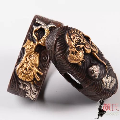pornhint Pornhint Gold & Silver Plated Brass Kashira Butt Cap Fuchi Hilt Collar Flying Dragon New