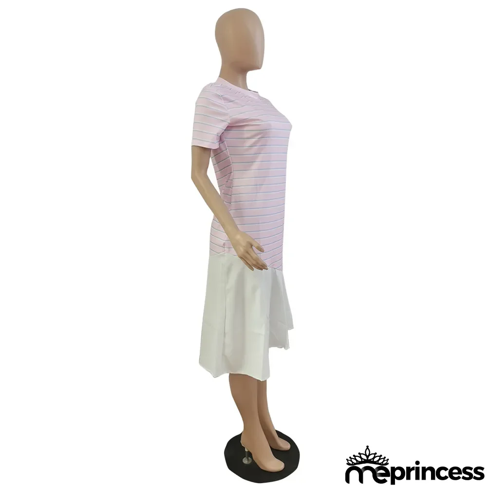 Women'S Spring Summer Stripe Print Patchwork Short Sleeve Dress Without Belt