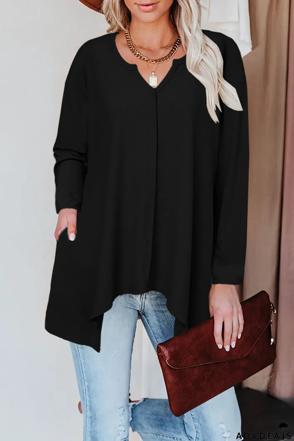 Black Asymmetric Hemline Long Sleeve Top