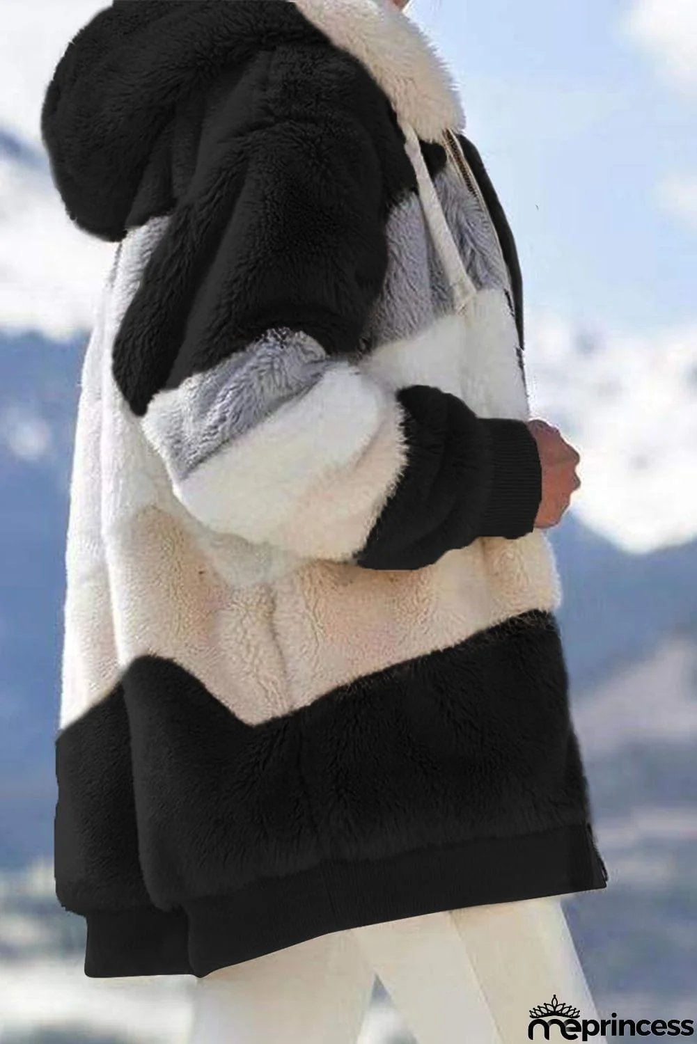 Colorblock Zip Up Sherpa Coat with Hooded