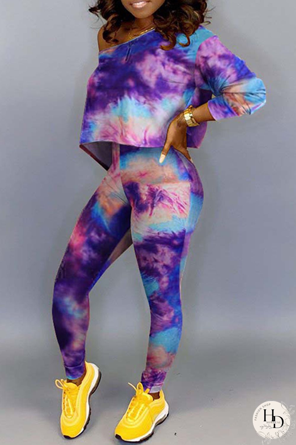 Green Fashion Casual Print Tie-dye Oblique Collar Long Sleeve Two Pieces